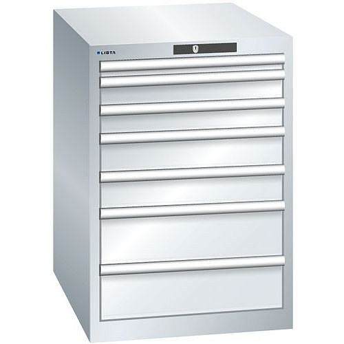 Dílenská zásuvková skříň LISTA, 7 zásuvek = 1 x 50 / 2 x 75 / 2 x 100 / 2 x 150, 564x725x800 mm, šedá