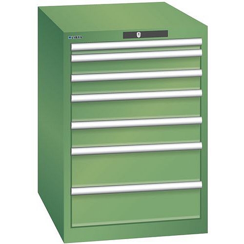 Dílenská zásuvková skříň LISTA, 7 zásuvek = 1 x 50 / 2 x 75 / 2 x 100 / 2 x 150, 564x725x800 mm, zelená
