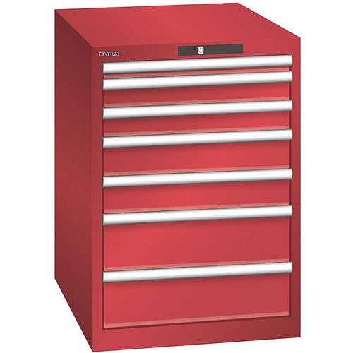 Dílenská zásuvková skříň LISTA, 7 zásuvek = 1 x 50 / 2 x 75 / 2 x 100 / 2 x 150, 564x725x800 mm, červená