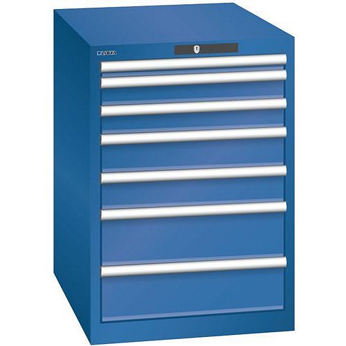 Dílenská zásuvková skříň LISTA, 7 zásuvek = 1 x 50 / 2 x 75 / 2 x 100 / 2 x 150, 564x725x800 mm, tmavě modrá