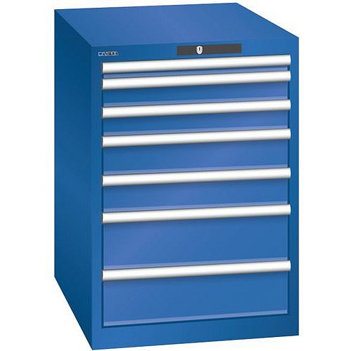 Dílenská zásuvková skříň LISTA, 7 zásuvek = 1 x 50 / 2 x 75 / 2 x 100 / 2 x 150, 564x725x800 mm, fluorescentní modrá