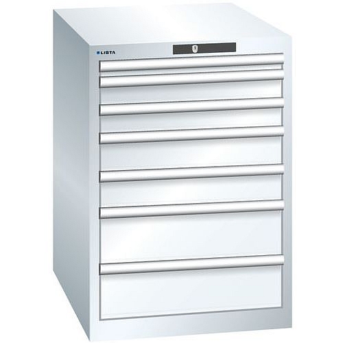 Dílenská zásuvková skříň LISTA, 7 zásuvek = 1 x 50 / 2 x 75 / 2 x 100 / 2 x 150, 564x725x800 mm, bílá