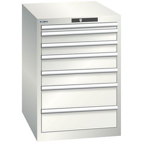 Dílenská zásuvková skříň LISTA, 7 zásuvek = 1 x 50 / 2 x 75 / 2 x 100 / 2 x 150, 564x725x800 mm, světle šedá