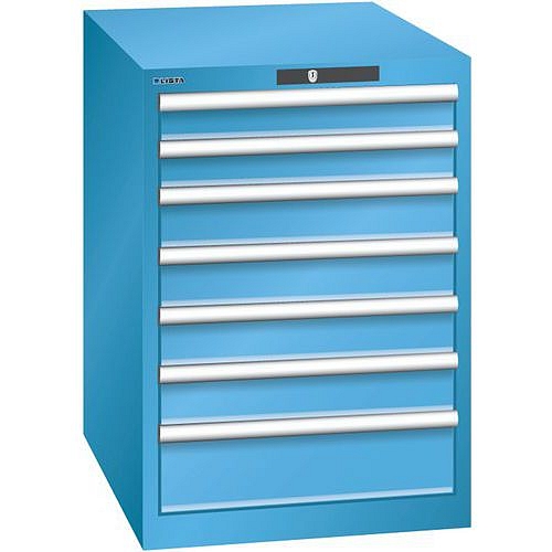 Dílenská zásuvková skříň LISTA, 7 zásuvek = 2 x 75 / 4 x 100 / 1 x 150, 564x725x800 mm, světle modrá
