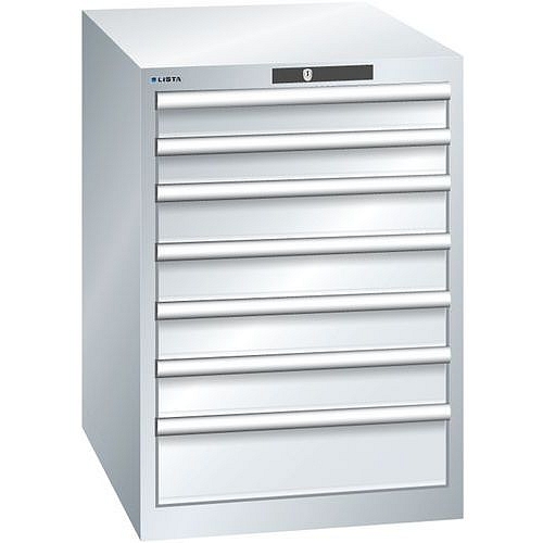 Dílenská zásuvková skříň LISTA, 7 zásuvek = 2 x 75 / 4 x 100 / 1 x 150, 564x725x800 mm, šedá