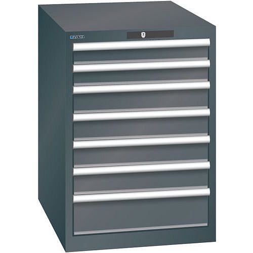 Dílenská zásuvková skříň LISTA, 7 zásuvek = 2 x 75 / 4 x 100 / 1 x 150, 564x725x800 mm, černá