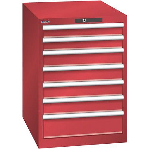 Dílenská zásuvková skříň LISTA, 7 zásuvek = 2 x 75 / 4 x 100 / 1 x 150, 564x725x800 mm, červená