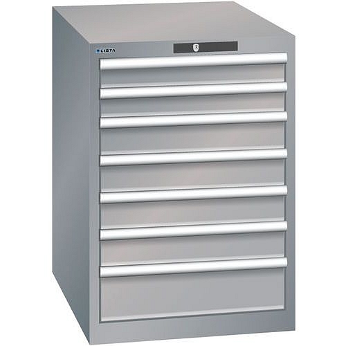 Dílenská zásuvková skříň LISTA, 7 zásuvek = 2 x 75 / 4 x 100 / 1 x 150, 564x725x800 mm, šedá/stříbrná