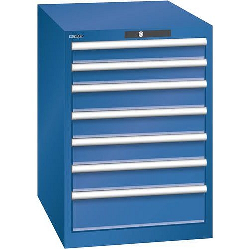 Dílenská zásuvková skříň LISTA, 7 zásuvek = 2 x 75 / 4 x 100 / 1 x 150, 564x725x800 mm, tmavě modrá