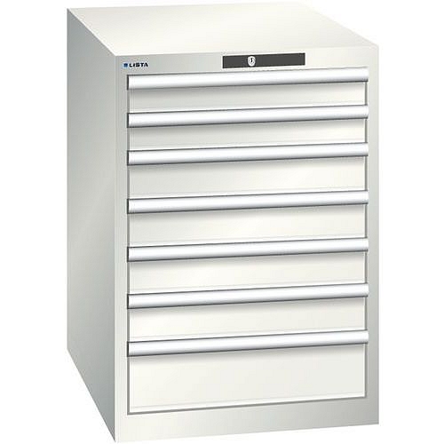 Dílenská zásuvková skříň LISTA, 7 zásuvek = 2 x 75 / 4 x 100 / 1 x 150, 564x725x800 mm, světle šedá