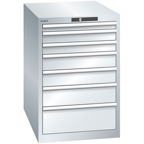 Dílenská zásuvková skříň LISTA, 7 zásuvek = 1x 50 + 2x 75 + 2x 100 + 1x 150 + 1x 200mm, 564x725x850mm, šedá