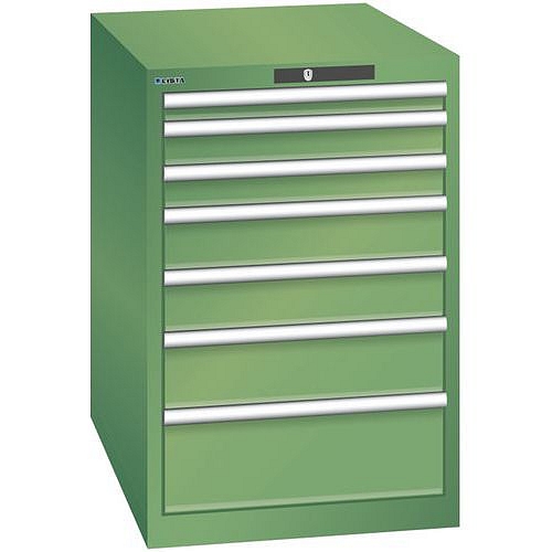 Dílenská zásuvková skříň LISTA, 7 zásuvek = 1x 50 + 2x 75 + 2x 100 + 1x 150 + 1x 200mm, 564x725x850mm, zelená
