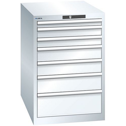 Dílenská zásuvková skříň LISTA, 7 zásuvek = 1x 50 + 2x 75 + 2x 100 + 1x 150 + 1x 200mm, 564x725x850mm, bílá