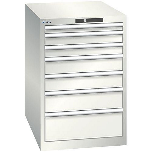 Dílenská zásuvková skříň LISTA, 7 zásuvek = 1x 50 + 2x 75 + 2x 100 + 1x 150 + 1x 200mm, 564x725x850mm, světle šedá