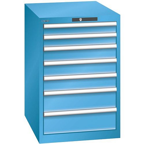 Dílenská zásuvková skříň LISTA, 7 zásuvek = 2x 75 + 3x 100 + 2x 150mm, 564x725x850mm, světle modrá