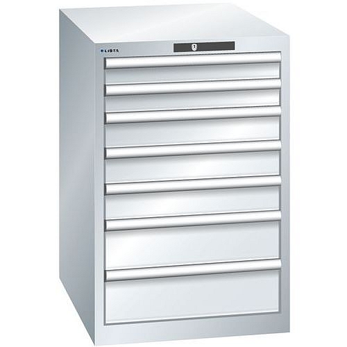 Dílenská zásuvková skříň LISTA, 7 zásuvek = 2x 75 + 3x 100 + 2x 150mm, 564x725x850mm, šedá