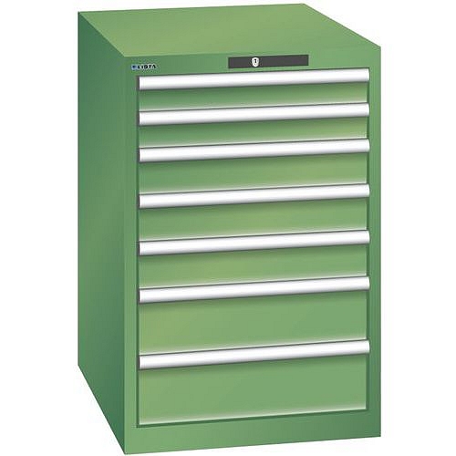 Dílenská zásuvková skříň LISTA, 7 zásuvek = 2x 75 + 3x 100 + 2x 150mm, 564x725x850mm, zelená