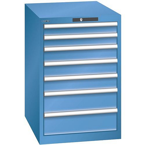 Dílenská zásuvková skříň LISTA, 7 zásuvek = 2x 75 + 3x 100 + 2x 150mm, 564x725x850mm, modrá
