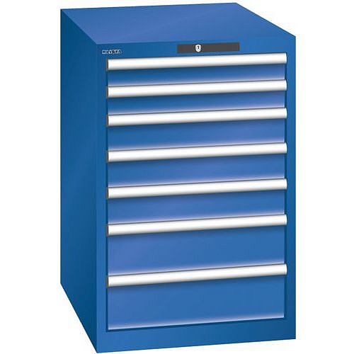 Dílenská zásuvková skříň LISTA, 7 zásuvek = 2x 75 + 3x 100 + 2x 150mm, 564x725x850mm, fluorescentní modrá