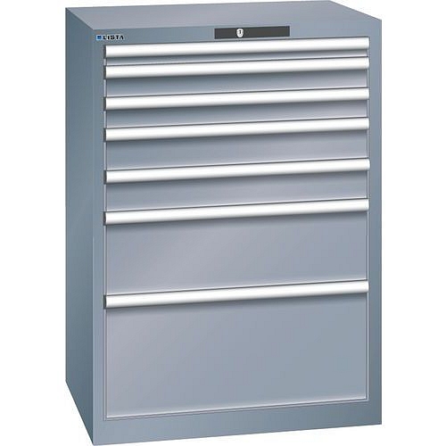 Dílenská zásuvková skříň LISTA, 7 zásuvek = 1x50 + 2x75 + 2x100 + 1x200 + 1x300mm, 717x572x1000mm, tmavě šedá