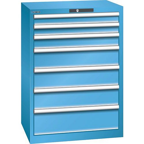 Dílenská zásuvková skříň LISTA, 7 zásuvek =2x75 + 1x100 + 3x150 + 1x200mm, 717x572x1000mm, světle modrá