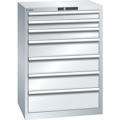 Dílenská zásuvková skříň LISTA, 7 zásuvek =2x75 + 1x100 + 3x150 + 1x200mm, 717x572x1000mm, šedá
