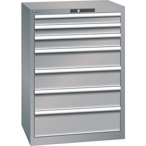 Dílenská zásuvková skříň LISTA, 7 zásuvek =2x75 + 1x100 + 3x150 + 1x200mm, 717x572x1000mm, šedá/stříbrná