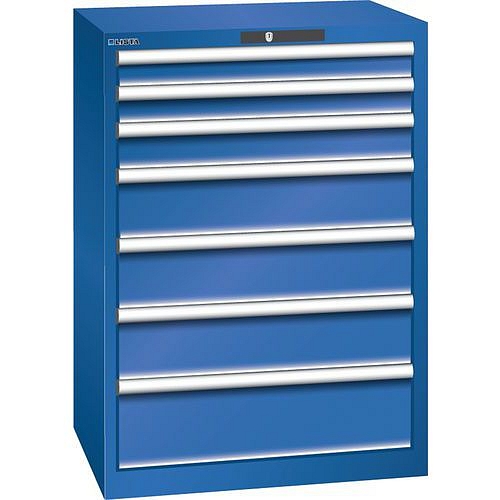 Dílenská zásuvková skříň LISTA, 7 zásuvek =2x75 + 1x100 + 3x150 + 1x200mm, 717x572x1000mm, fluorescentní modrá