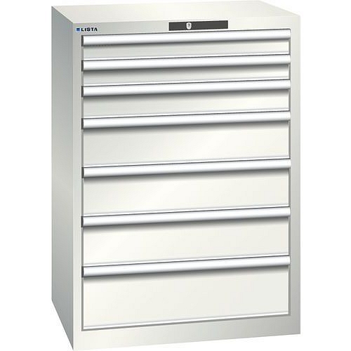 Dílenská zásuvková skříň LISTA, 7 zásuvek =2x75 + 1x100 + 3x150 + 1x200mm, 717x572x1000mm, světle šedá