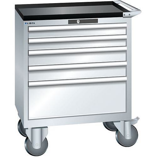Mobilní dílenská zásuvková skříň LISTA, 5 zásuvek = 2x75 + 2x100 + 1x250mm, 717x572x962mm, šedá