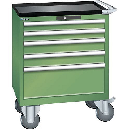 Mobilní dílenská zásuvková skříň LISTA, 5 zásuvek = 2x75 + 2x100 + 1x250mm, 717x572x962mm, zelená