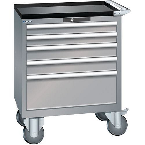 Mobilní dílenská zásuvková skříň LISTA, 5 zásuvek = 2x75 + 2x100 + 1x250mm, 717x572x962mm, šedá/stříbrná