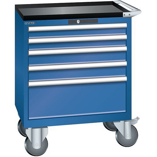 Mobilní dílenská zásuvková skříň LISTA, 5 zásuvek = 2x75 + 2x100 + 1x250mm, 717x572x962mm, tmavě modrá