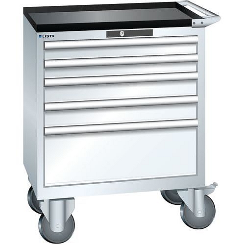 Mobilní dílenská zásuvková skříň LISTA, 5 zásuvek = 2x75 + 2x100 + 1x250mm, 717x572x962mm, bílá