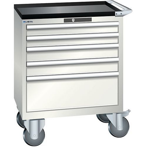 Mobilní dílenská zásuvková skříň LISTA, 5 zásuvek = 2x75 + 2x100 + 1x250mm, 717x572x962mm, světle šedá