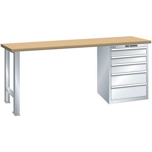 Dílenský pracovní stůl LISTA, 1500x700x890mm, nosnost 1500 kg, 5 zásuvek, šedá