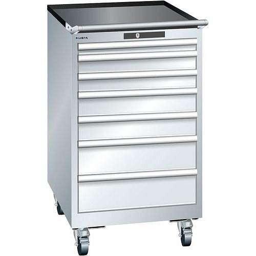 Mobilní dílenská zásuvková skříň LISTA, 7 zásuvek = 1x50 + 2x75 + 2x100 + 2x150mm, 564x725x990mm, šedá
