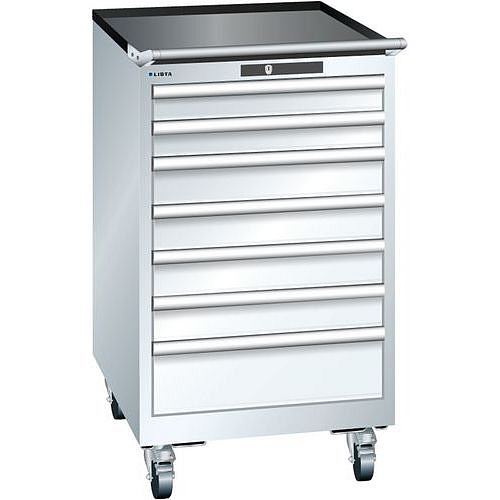 Mobilní dílenská zásuvková skříň LISTA, 7 zásuvek = 2x75 + 4x100 + 1x150mm, 564x725x990mm, bílá