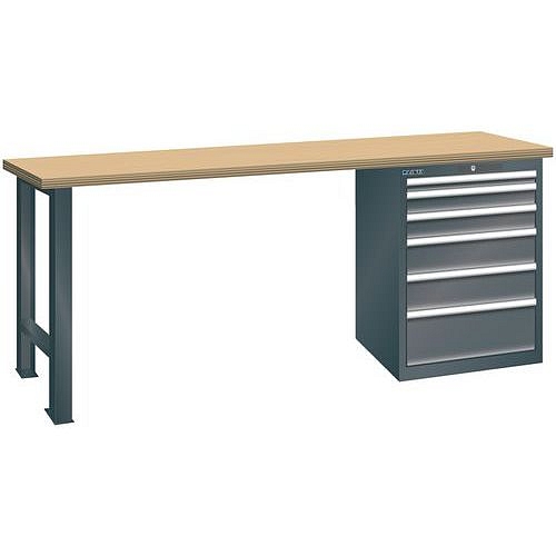 Dílenský pracovní stůl LISTA, 1500x700x890mm, nosnost 1500 kg, 6 zásuvek, černá
