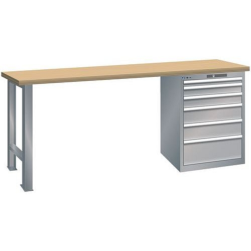 Dílenský pracovní stůl LISTA, 1500x700x890mm, nosnost 1500 kg, 6 zásuvek, šedá/stříbrná