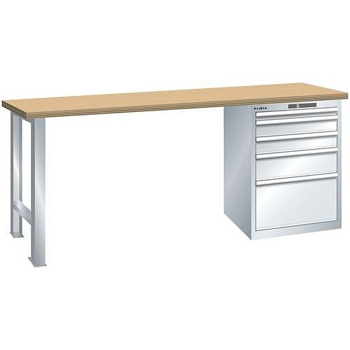 Dílenský pracovní stůl LISTA, 1500x750x840mm, 5 zásuvek, nosnost 1500 kg, šedá