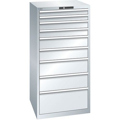 Dílenská zásuvková skříň LISTA, 9 zásuvek = 2 x 75 / 2 x 100 / 2 x 150 / 2 x 200 / 1 x 300mm, 717x725x1450mm, nosnost 75kg, šedá