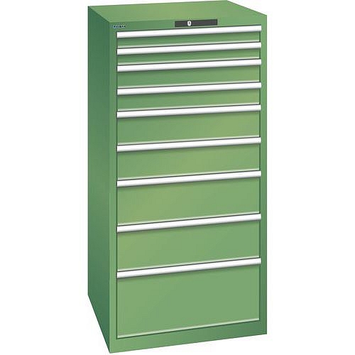 Dílenská zásuvková skříň LISTA, 9 zásuvek = 2 x 75 / 2 x 100 / 2 x 150 / 2 x 200 / 1 x 300mm, 717x725x1450mm, nosnost 75kg, zelená