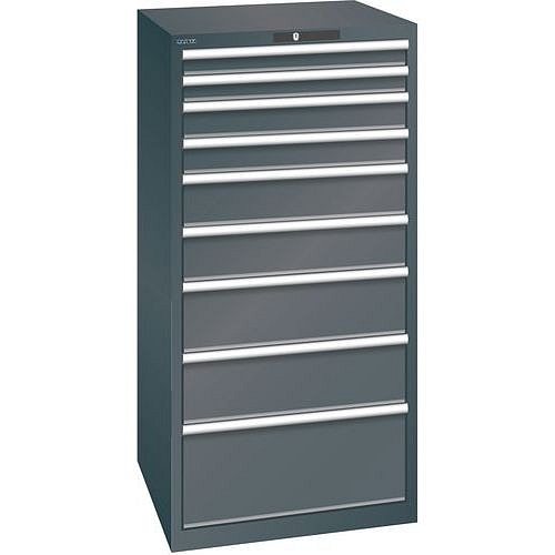 Dílenská zásuvková skříň LISTA, 9 zásuvek = 2 x 75 / 2 x 100 / 2 x 150 / 2 x 200 / 1 x 300mm, 717x725x1450mm, nosnost 75kg, černá