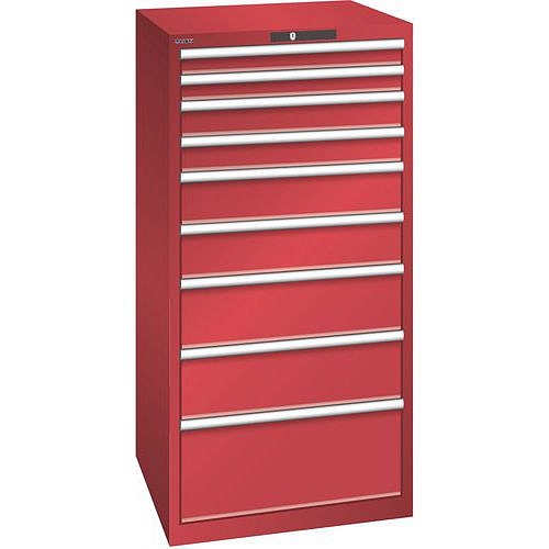 Dílenská zásuvková skříň LISTA, 9 zásuvek = 2 x 75 / 2 x 100 / 2 x 150 / 2 x 200 / 1 x 300mm, 717x725x1450mm, nosnost 75kg, červená
