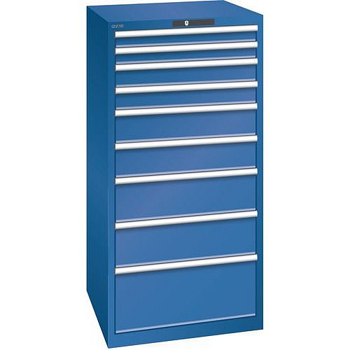 Dílenská zásuvková skříň LISTA, 9 zásuvek = 2 x 75 / 2 x 100 / 2 x 150 / 2 x 200 / 1 x 300mm, 717x725x1450mm, nosnost 75kg, tmavě modrá
