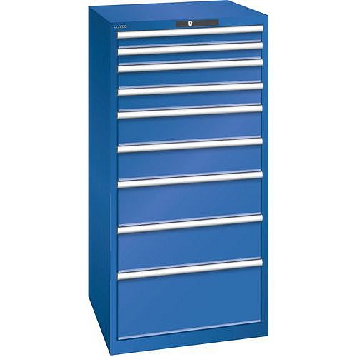 Dílenská zásuvková skříň LISTA, 9 zásuvek = 2 x 75 / 2 x 100 / 2 x 150 / 2 x 200 / 1 x 300mm, 717x725x1450mm, nosnost 75kg, fluorescentní modrá