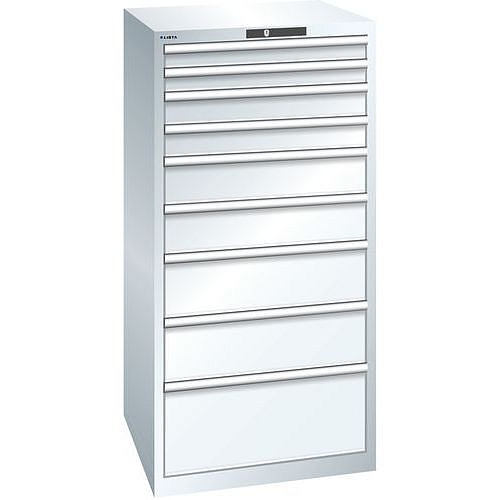 Dílenská zásuvková skříň LISTA, 9 zásuvek = 2 x 75 / 2 x 100 / 2 x 150 / 2 x 200 / 1 x 300mm, 717x725x1450mm, nosnost 75kg, bílá