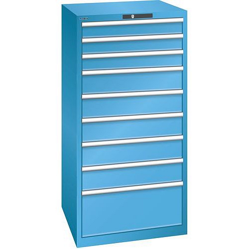 Dílenská zásuvková skříň LISTA, 9 zásuvek = 3 x 100 / 5 x 150 / 1 x 300mm, 717x725x1450mm, nosnost 75kg, světle modrá