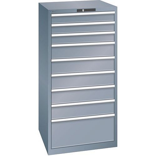 Dílenská zásuvková skříň LISTA, 9 zásuvek = 3 x 100 / 5 x 150 / 1 x 300mm, 717x725x1450mm, nosnost 75kg, tmavě šedá